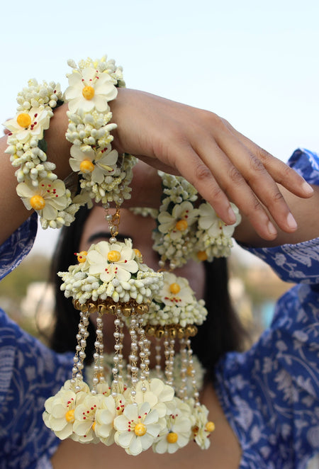 Signature Winter Bride floral jewelry set featuring handcrafted bangles and kaleere by Prune India.