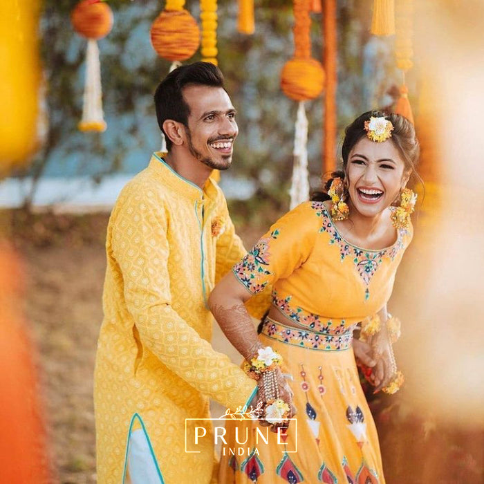 Yuzvendra Chahal wearing haldi floral jewellery by Prune India