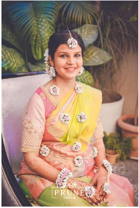 Handcrafted Floral Jewelry for Baby Shower - Maang Tikka, Earrings, Necklace, Haath Phool & Kamar Bandh