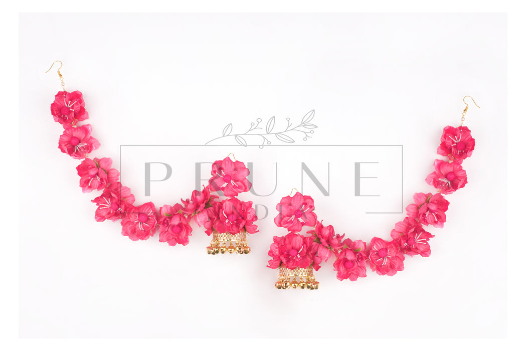 Hot Pink Set of Three - Maang Tikka , Jhumkie with Floral Kaanchain & Haath Phool