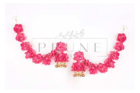 Hot Pink Set of Three - Maang Tikka , Jhumkie with Floral Kaanchain & Haath Phool