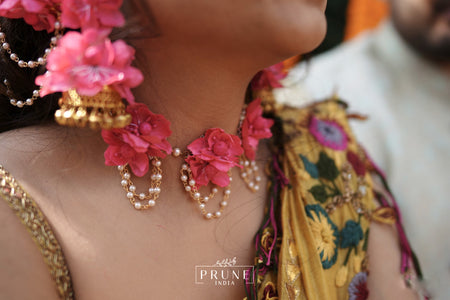 Bride wearing custom Signature Silk Floral Bridal Jewelry Set. Handmade Maang Tikka, Jhumkie, Choker, and Haath Phool