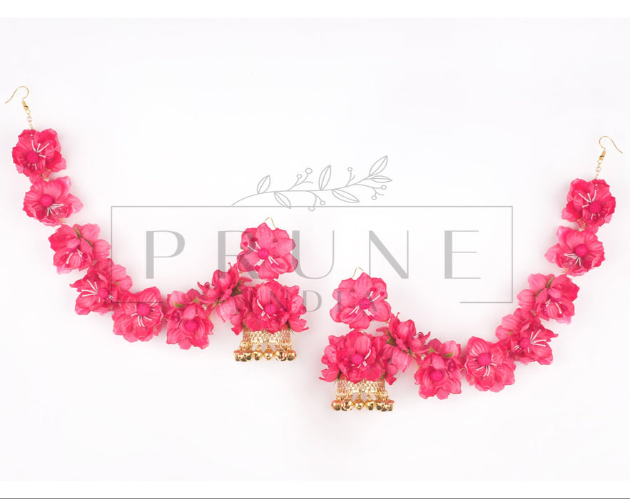 Hot Pink Jhumki with Floral Kaanchain