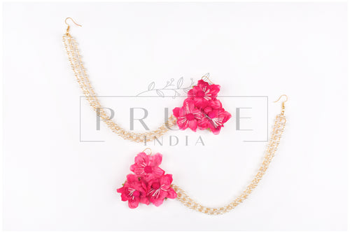 Hot Pink Three Flower Earring with Bead Kaanchain