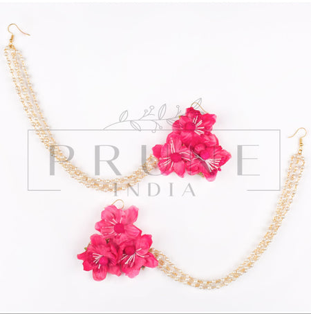 Hot Pink Three Flower Earring with Bead Kaanchain