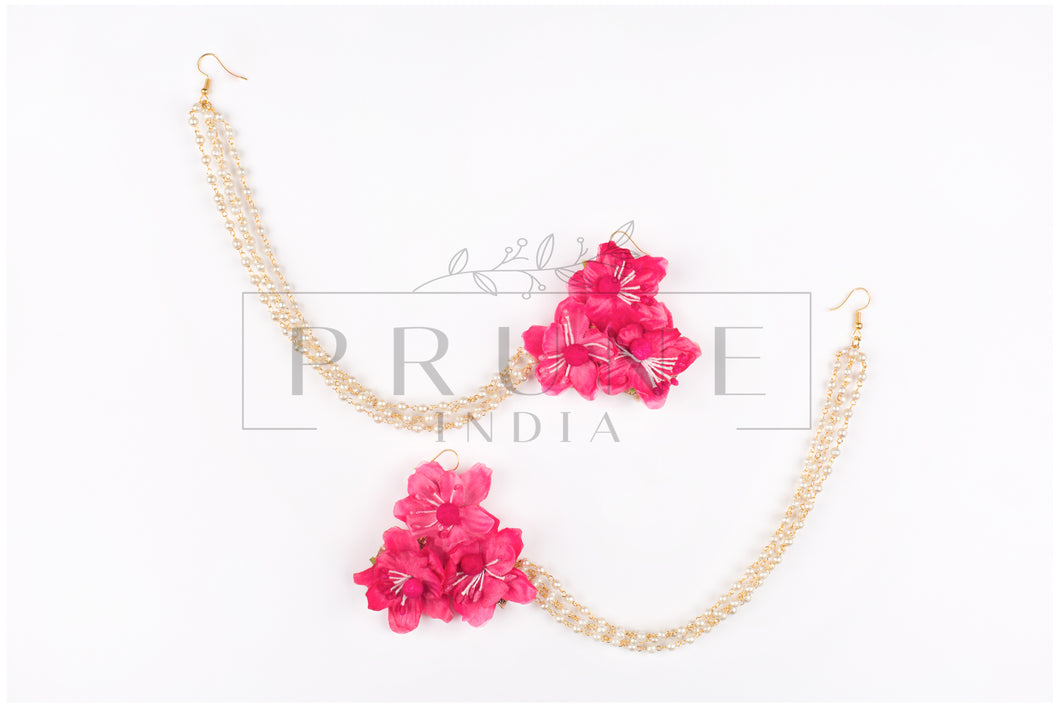Hot Pink Three Flower Earring with Bead Kaanchain