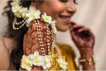 Load image into Gallery viewer, Bride in Set of Five - Maang Tikka , Jhumkie &amp; Floral Kaanchain , Choker , Necklace &amp; Haath Phool
