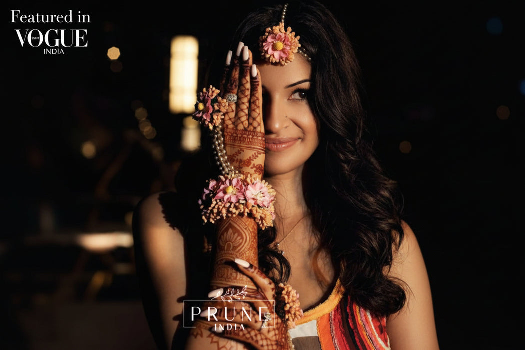 Richa Moorjani haldi ceremony floral jewellery set by Prune India